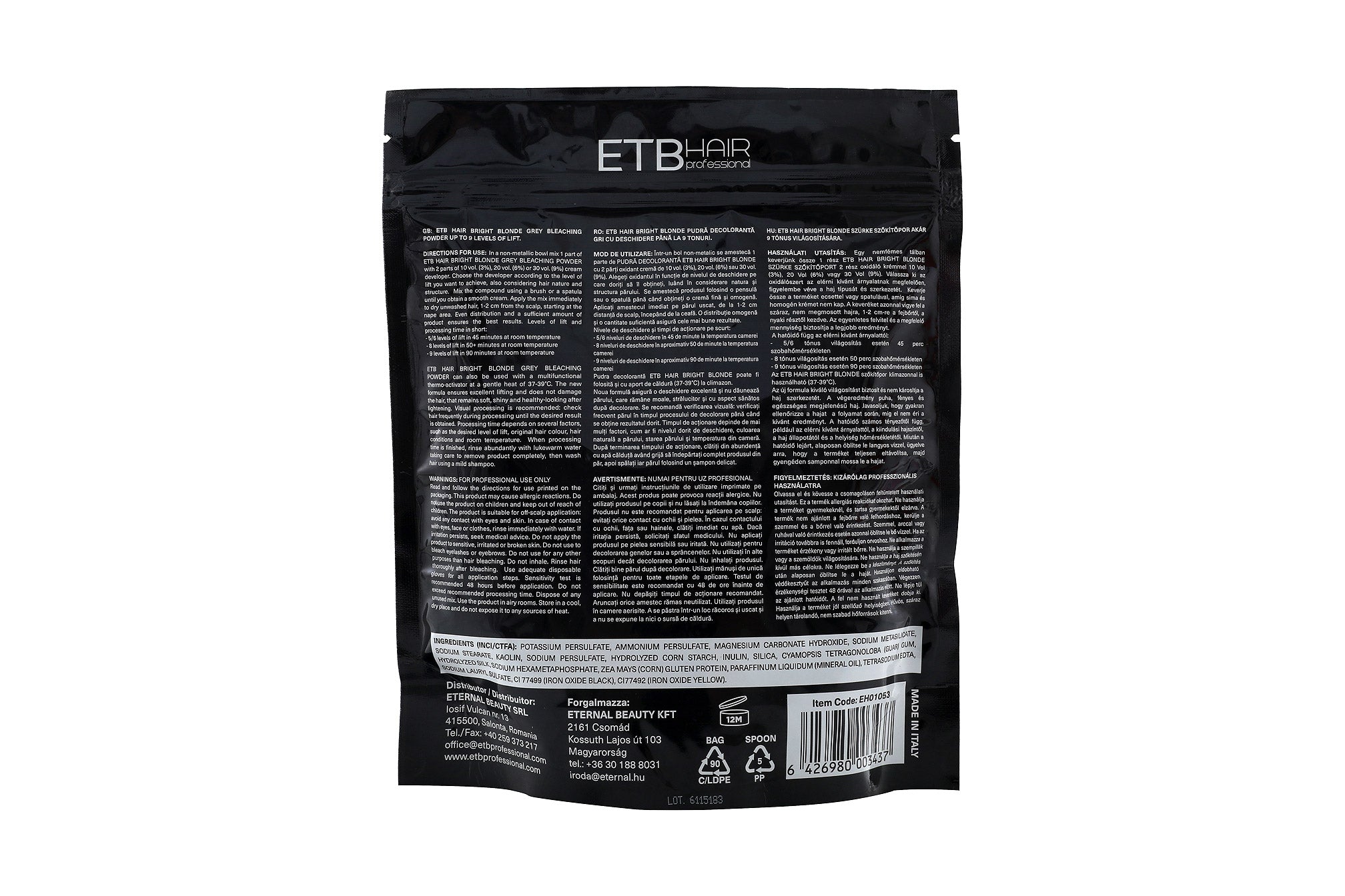 ETB Hair Professional Premium Bright Blonde Grey Bleaching Powder 9 Level 500g
